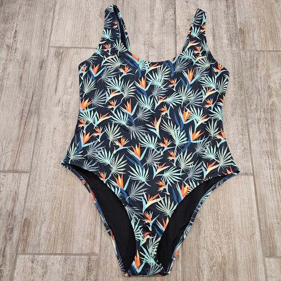 MeUndies Tropical Palms One Piece Swimsuit Womens XL Bird of Paradise Navy - Picture 1 of 8